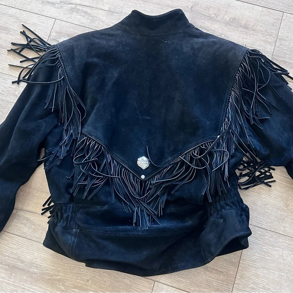 Harley-Davidson Black Leather Jacket with Fringe and Red Lining - Picture 6 of 7
